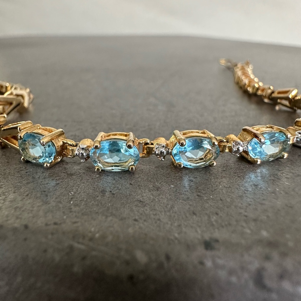 Vintage Gold over Sterling Silver Blue CZ Oval Gemstone & V Link Tennis Bracelet